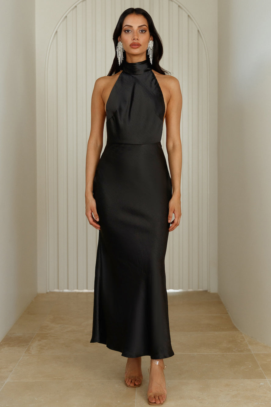 Maxi Hello Dress Black | Molly Satin Luxurious Lady