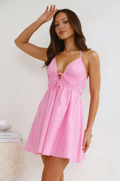 Floating Free Halter Linen Blend Mini Dress Pink