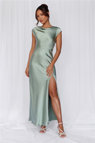 HELLO MOLLY The Valentina Cap Sleeve Satin Maxi Dress Sage