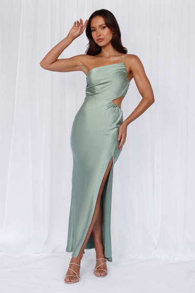 HELLO MOLLY The Opal One Shoulder Satin Maxi Dress Sage