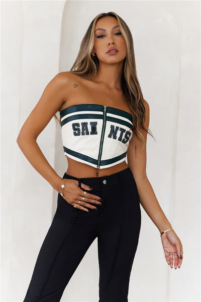 Team Saints Strapless Faux Leather Crop Top Ivory