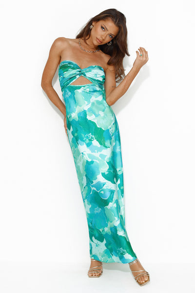 Color Bloom Strapless Satin Maxi Dress Green