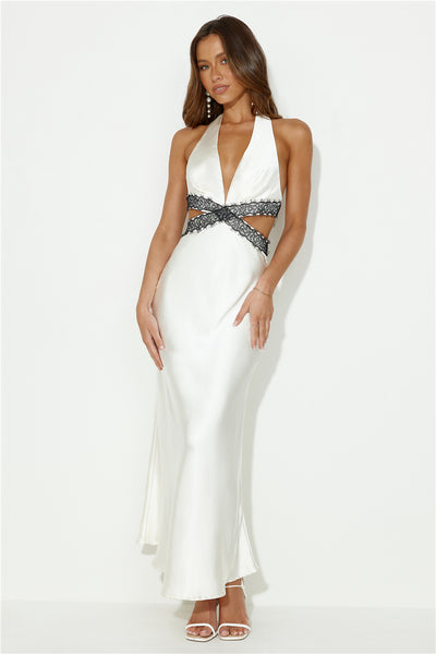 Touch Of Lace Satin Halter Maxi Dress White