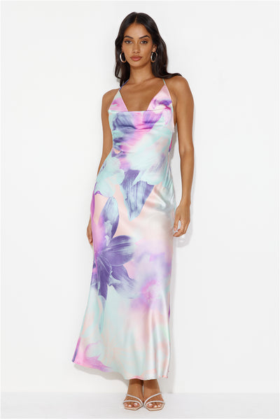 Melting Rainbow Satin Halter Maxi Dress Print