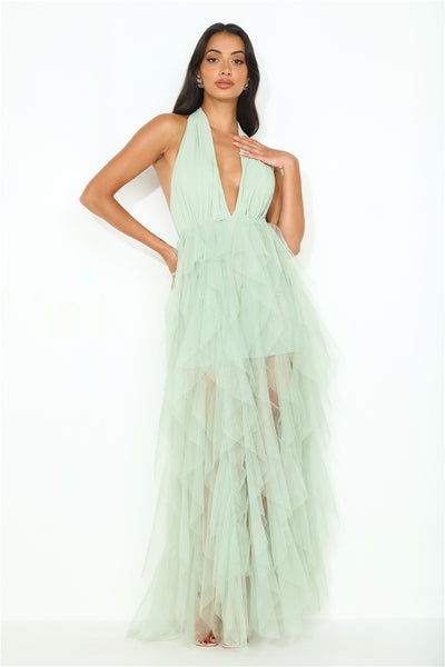 Into The Middle Tulle Halter Maxi Dress Sage