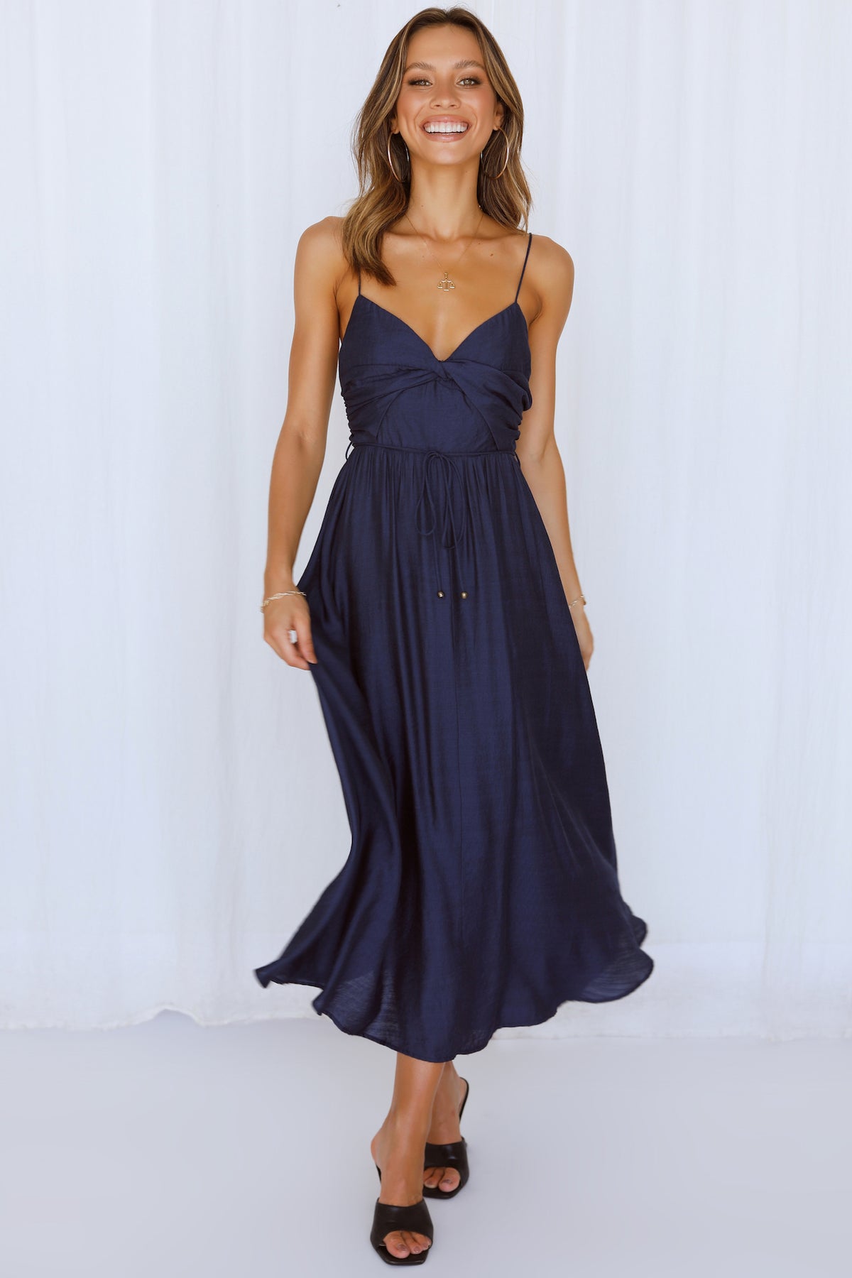 Our Next Brunch Midi Dress Navy | Hello Molly