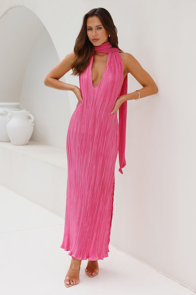 HELLO MOLLY Excitement Plisse Halter Maxi Dress Pink