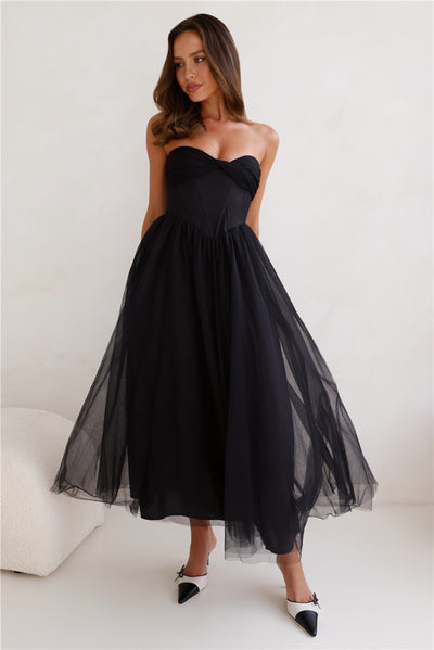 Worthy Of Diamonds Strapless Tulle Midi Dress Black