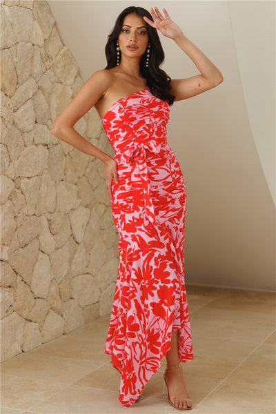 Palm Trees Around One Shoulder Maxi Dress Pink