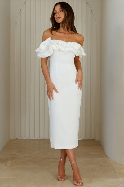Idolise Off Shoulder Frill Midi Dress White