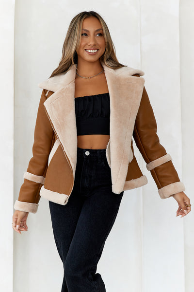 HELLO MOLLY Hot Cocoa Faux Leather Jacket Brown
