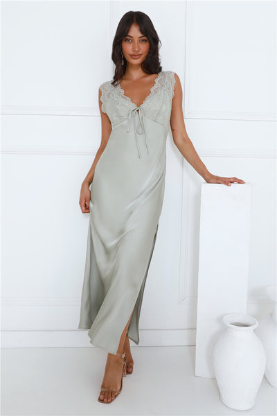 Gorgeous Vision Satin Lace Maxi Dress Sage