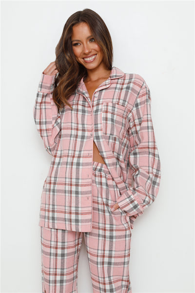 HELLO MOLLY Dreamland Flannelette Long Sleeve Pyjama Top Unisex Pink Check