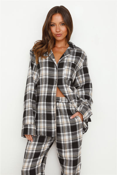 HELLO MOLLY Dreamland Flannelette Long Sleeve Pyjama Top Unisex Grey Check
