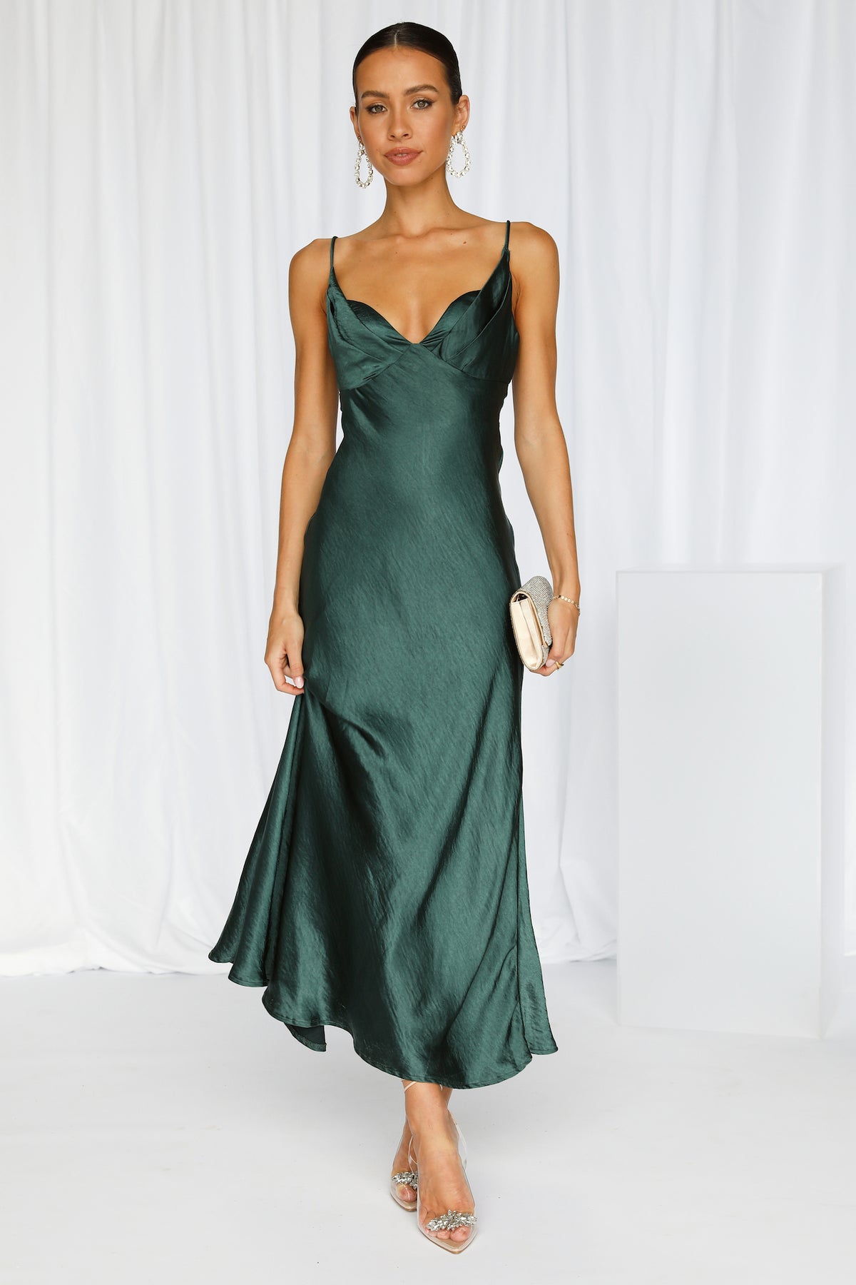 No Cloudy Skies Satin Maxi Dress Forest Green | Hello Molly