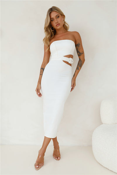 Online Chat Strapless Denim Midi Dress White